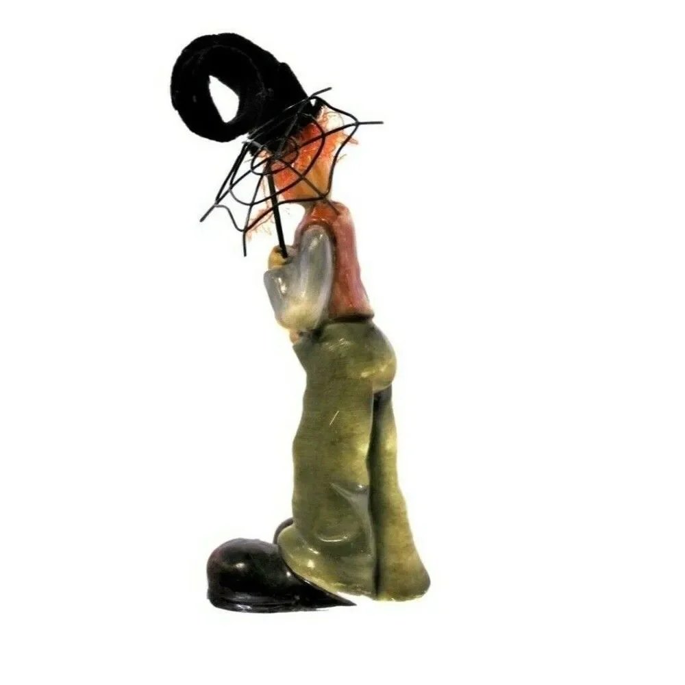 Clown Pumpkin Head Figurine Primitive Vintage Resin Shabby Umbrella & Fuzzy Hair